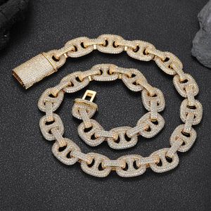 Set di gioielli con catena a maglia cubana a forma di naso di maiale Hip Hop da 16 mm, set di gioielli con catena a maglia zircone placcato oro reale 18k