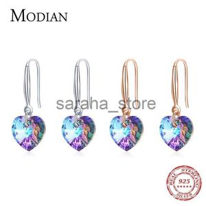 Stud Modian Arcobaleno Cuori colorati Orecchio di goccia di cristallo Reale 925 SterlSilver Fascino romantico SwDangle Orecchini per gioielli da donna J240120