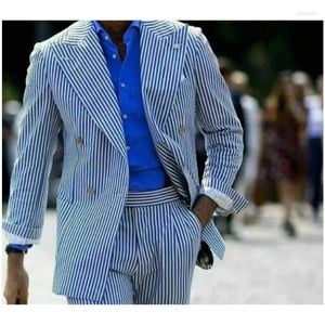 Men's Suits Costume Thin Pure Soft Cotton Striped Seersucker Men Casual Wedding Formal Tuxedos Double-breasted Party Blazer 2 Pieces