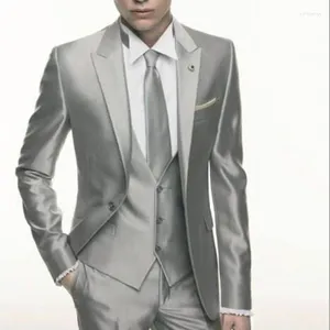 Men's Suits Silver Grey Satin Wedding Men Suit Formal Skinny Stylish Male Blazer Party Custom Tuxedo 3 Piece Vestidos Mens