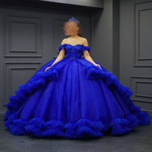 Синее блестящее бальное платье Quinceanera платья 2024 г. с цветочными бусинами Тюль многоярусное торжество для девочек Гала-конкурс на день рождения Vestidos De 15 Anos Miss