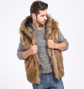 Lanshifei Winter Hooded Faux Fux Fur Vest Men Seveless Hairy Fasten Fur Warm Jacket Outerwear Coat Male Plus Size S3XL WAISTCOAT19304868