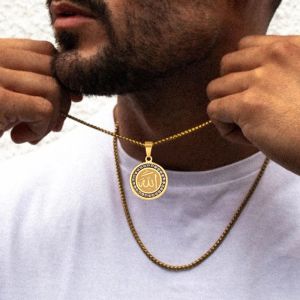 Mit 14 Karat Gelbgold gefülltes arabisches Wort Allah, Moslem, Islam, Kalligraphie, Scheibe, Medaillon, CZ-Rand, Halsketten-Anhänger, Ösen für Schmuck