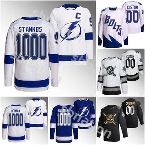 1000 Karriärspel Tampa Bays 91 Steven Stamkos 77 Victor Hedman Commemorative Authentic Blue White Hockey Jersey Custom Men Women Kids Youth