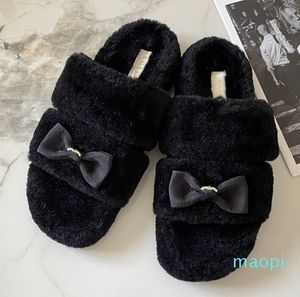 Winter New Womens Flat Slippers Luxury Designer Classic Bow Metal Double Letter Sandals Imported Wool Genuine Leather Sole Anti Slides Ladies Ladies House Slipper
