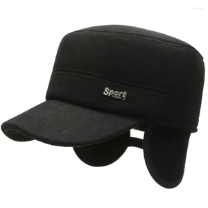 Ball Caps HT3815 Men Winter Cap Flat Top Wool Baseball Hat Male Solid Black Grey Elder Man Adjustable Dad Earflap