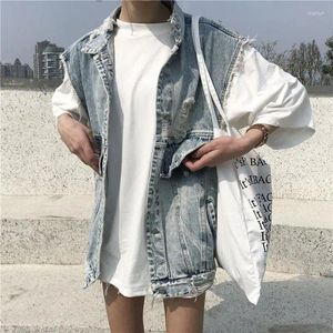Women's Vests Spring Summer Autumn Ripped Denim Vest Sleeveless Top Coat Korean Fashion Streetwear Retro Loose Student Jacket