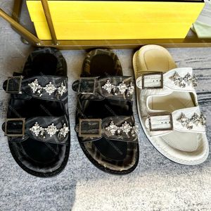 Designers Sandals Platforms shoes 2024 NEW women men slippers Top quality Embossed Leather rhinestone Buckle Flat heel comfortable Casual slipper 35-45
