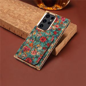 Luxury Graffiti Flower Print Plating Phone Case for iPhone 15 Plus 14 13 12 Pro Max Samsung Galaxy S24 S23 Ultra S23FE Magnetic Card Slot Leather Wallet Kickstand Shell