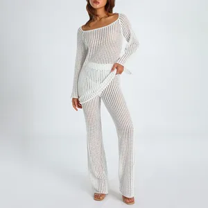 Women's Two Piece Pants Hollow Out Crochet Sets Chic Spring Summer Women Casual Outfits Long Sleeve Square Neck Dress Tops High Waist