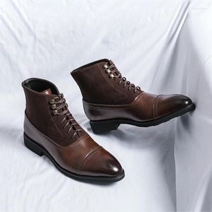 Boots kvalitetsläder spetsiga män ankel mode brun hög topp snörning casual sociala herrskor bekväm icke-halkman klänning