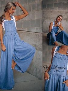 Kvinnors jeans brett ben jumpsuits kvinnors blå denim overaller lös mode hög midjas sommarficka mamma