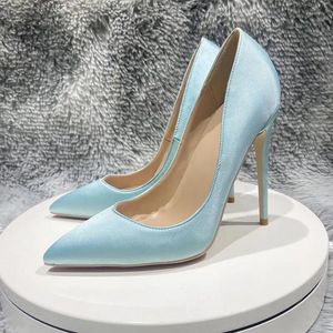 Scarpe Eleganti da Donna Sexy in Raso di Seta con Tacco Alto 12cm Punta Stretta Azzurro Verde Matrimonio