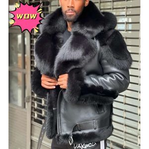 Mens Jackets designer Leather Winter Jacket Thicken Velvet Fur Collar Hooded Zipper Color Block Patchwork Fashion Red Disor Luxury soft