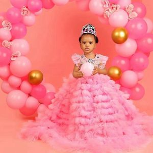 Pink Luxury Little Kids Birthday Party Dresses Flower Girl Dresses Short Sleeves Ruffles Tiered Tulle Rehinestones Flowergirl Dress Princess Queen Gowns NF024