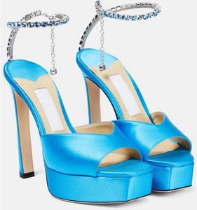 Bridal Wedding Saeda Heeled Sandals Shoes Famous Designer Women's Open Toe Platform Stiletto Heels Crystal Chain Pumps White Pink Black High Heel Sandalias Box