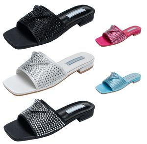 Designer-Schuhe Damen-Diamant-Slides, luxuriöse Strass-Leder-Saffiano-Slides, modische flache Unterseite, klobiges Dreieck, bestickte Stoff-Slides