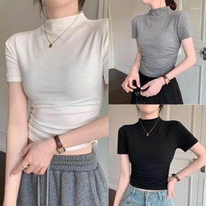Women's T Shirts Women Half Turtleneck Ribbed T-Shirt Short Sleeve Side Ruched Slim Fit Crop Top Girls Summer Casual Solid Color Base