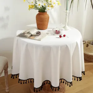 Table Cloth Cotton Linen Soild Color Black Tassel Round Tablecloth Ruffled Anti-stain Waterproof Party Cover
