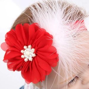 Acessórios de cabelo 8cm Natal Headband Pena Branca Red Chiffon Bow com Pérola Elastic Foe para atacado