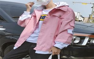 Whole Spring autumn pink denim cotton jacket men039s hooded loose handsome teenagers jacket male students loose coat 2011279607617