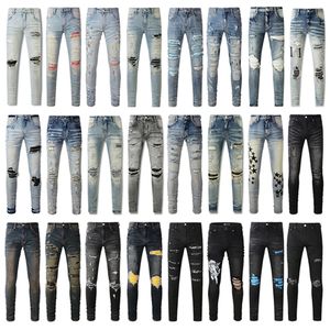 Designer-Herren-Jeans AM, violette Jeanshose für Männer, zerrissene Stickerei, Pentagramm-Patchwork, für Trend-Marken-Motorradhose, dünne Herrenbekleidung