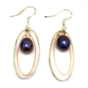 Dangle Earrings 1.5 Inches Double Ring Black Natural 7-8mm Drop Pearls 925 Sterling Silver Hook Chandelier Earring