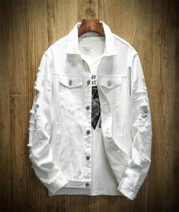 Outono men039s jaqueta jeans fino buraco casacos masculino outwear ajuste algodão denim vermelho branco preto rasgado juventude 5xl jaquetas3443367