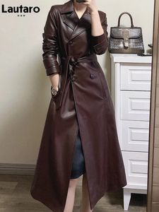 Lautaro Spring Autumn Long Wine Red Soft Faux Leather Trench Coat for Women Belt Double Breasted Luxury Elegant Fashion 240119