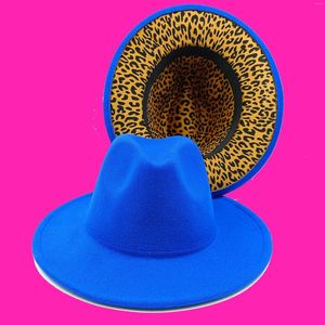 Basker Royal Blue Fedora Women Inner Leopard Print Autumn and Winter Hat Panama kände män jazz kvinnliga hattar