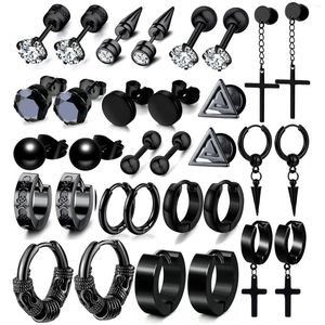 Studörhängen 16 par Män sätter svart rostfritt stål Cross Dangle Hoop Ear Fashion Piercing smycken för födelsedagar Partiesmore More