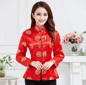 Chinese Traditional Red Women Silk Satin Tang Shirt Blouse Vintage Long Sleeve Jacket Wedding Party Birthday Coat Size S-3XL