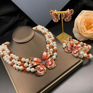 Luxury Fashion Multi-layer Crystal Pearl Butterfly Necklace Bracelet Earrings Delicate And Elegant Women's Banquet Jewelry