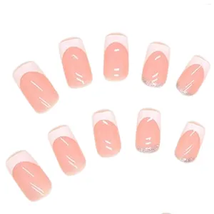 Unhas falsas glitter rosa com borda branca primavera outing unhas duráveis de longa duração para combinação de vestido de menina