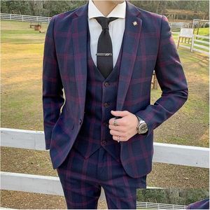 Mens Suits Blazers High Quality Men Single Breasted Plaid Casual Suit Coat Byxor Business Jacket Vest Pants PCS Drop Delivery App DHXFL {Kategori}