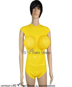 Şişme göğüsleri ve kapalı kollu vücut takım elbise ile sarı seksi lateks mayo kostümleri catsuit kauçuk bodysuit 02122145120