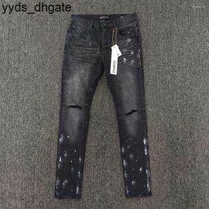 Jeans roxo clássico masculino marca baixa ascensão magro preto resina joelho fenda estiramento calças jeans kxhg