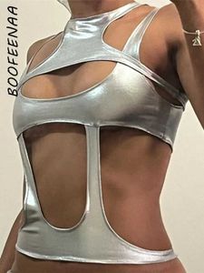 Damen Blusen Hemden BOOFEENAA Metallic Silber Ausschnitt Enges Crop Top Y2k Streetwear Cyber Core Hollow Tank Tops Sexy Festivals Outfits Frauen C87-BZ15 YQ240120