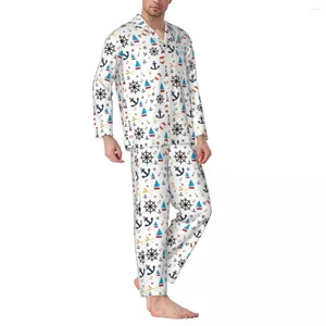 Homens sleepwear verão férias outono vela costeira náutica casual oversize pijama conjunto homem manga longa confortável sono nightwear