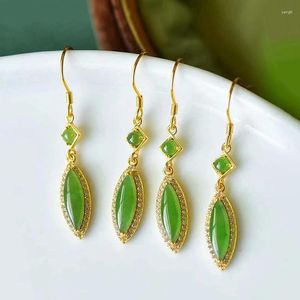 Dingle örhängen original design diamant naturlig Hetian Jade Sun Green Leaf Långt utsökt färsk kinesisk stil smycken damer