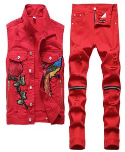 Ünlü marka erkek kırmızı eşofman moda sonbahar nakış Phoenix çiçek takım yeleği ve pantolonlar erkek giyim 2 adet set ince kot 3926129
