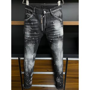 2024 Marke Jeans für Mann Italien Brief Gedruckt Abzeichen Spot Dot Malerei Abnehmen Schlank Party Streetwear Bettler Kleidung Reißverschluss Multi Tasche Schwarz Baumwolle Hosen