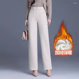 Calças femininas outono inverno grosso velo damasco preto perna larga mulheres elegante inglaterra magro casual calças retas escritório senhora 4xl 2991