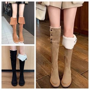 Modische Winterstiefel für Damen, kniehohe Stiefel, hoher Stiefel, schwarzer Khaki-Leder-Overknee-Stiefel, flache Party-Stiefel, Schneestiefel, dunkelbraune Lammhaar-High-Hees mit dickem Absatz