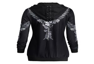 Gamiss hoodies sweatshirt kadınlar dantel yukarı şapkası kanatları baskı fermuar yukarı kapüşonlu punk tarzı femme gündelik kapüşonlu kazak kadınları Top7635190