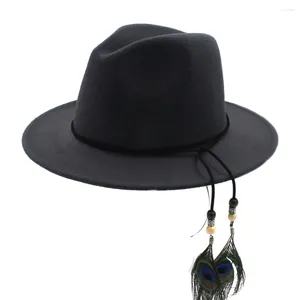 Berets Fashion Wool Unisex Women's Men'sWide Brim Fedora Hat For Laday Woolen Feather Headband Jazz Cap