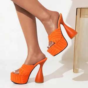 Sandals Terry Towel Fabric Orange Green Woman Sexy Shoes Slippers Platform Thick High Heels Slides Plus Size 34-43 Women Mules