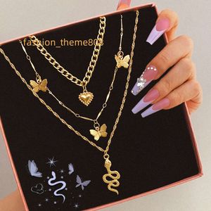 VKME Gold Plated Trend Multi Layer Fashion Cuban Chain Butterfly Pendant Snake Necklace Wholesale