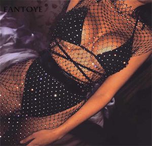 Fantoye Sexy Crystal Diamond Dwomen Hollow Out Ren Bodycon DrSummer Fishnet Mesh Beach Wear 2021 Party Vestidos X05295173996