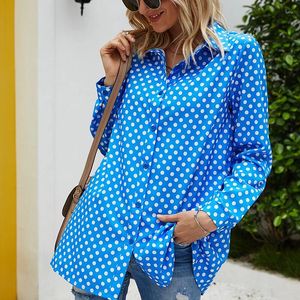 Kvinnors blusar Autumn Polka Dot Blus Kvinnor Turned Collar Långärmad knapp Up Skjortor Kvinna Fashion Candy Color Topps Ladies Spring